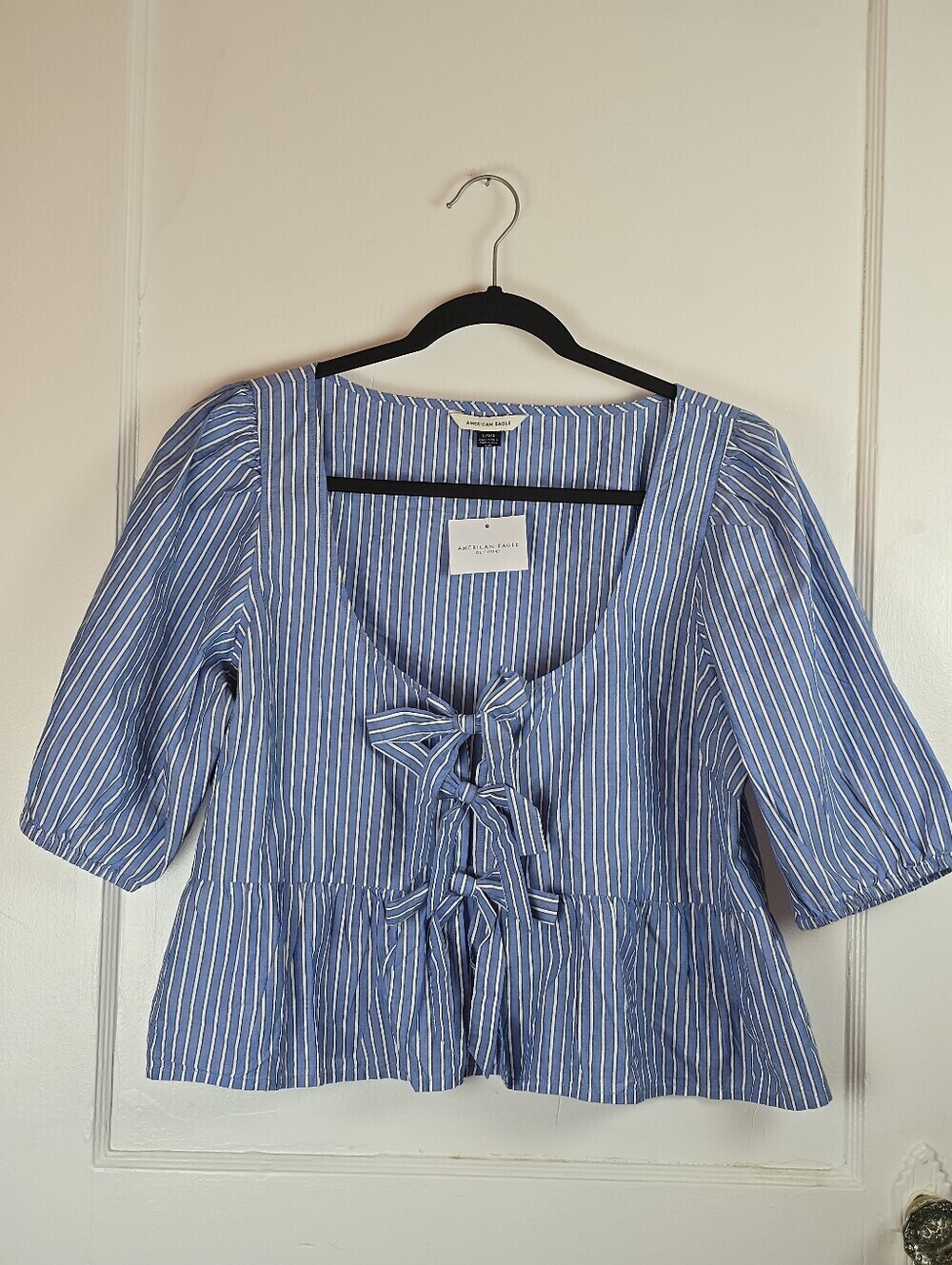 American Eagle Outfitters Blue Striped Cotton Cropped Peplum Blouse NEW L